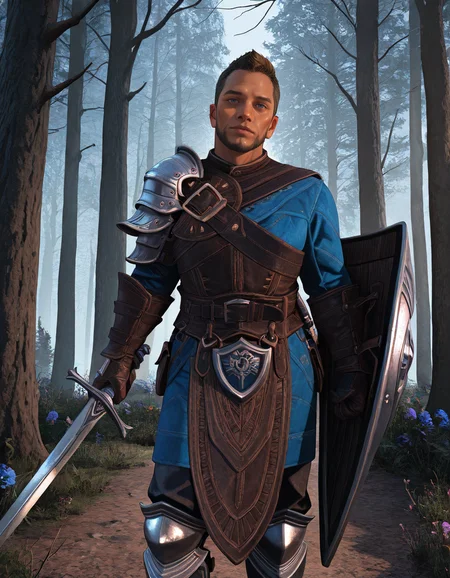 masterpiece, best quality, absurdres, newest, perfect quality, best quality, absolutely eye-catching, detailed background, intricate details, male focus, solo, realistic, <lora:Dragon Age Veilguard - Warden Tomasz - Illustrious_2-000004:0.8>, wtomasz, short hair, dark blonde hair, 1boy, mature male, blue eyes, looking at viewer, head tilt, no mustache, single pauldron, leather tunic, leather gauntlets, chest belt, leather belt, leather pants, armored knee boots, outdoors, forest, trees, flowers, holding sword, holding shield, head tilt, looking at viewer, contrapposto