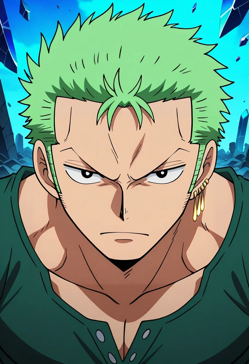 masterpiece, best quality, intricate details, anime screencap, anime coloring, official style, looking at viewer, 1boy, solo, male focus, <lora:zoro_roronoa_ilxl:1>, zoro_roronoa, green hair, black eyes, short hair, , sideburns, earrings, , crystal ruins, shattered spires, glowing rubble, ancient carvings, exploring pose, inquisitive expression, prismatic light,