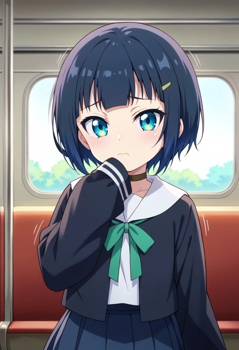 score_9, score_8_up, score_7_up, source anime, intricate, dynamic pose, 1girl, Akira Shinonome, petite, (black choker), black pantyhose, black school uniform, sleeves past wrists, hairclip, green ribbon, looking at viewer, shy, hand on own mouth,
Indoors, train, solo, absurdres, perfect eyes, volumetric lighting, intricate_details_xl, motion lines, zPDXL2,