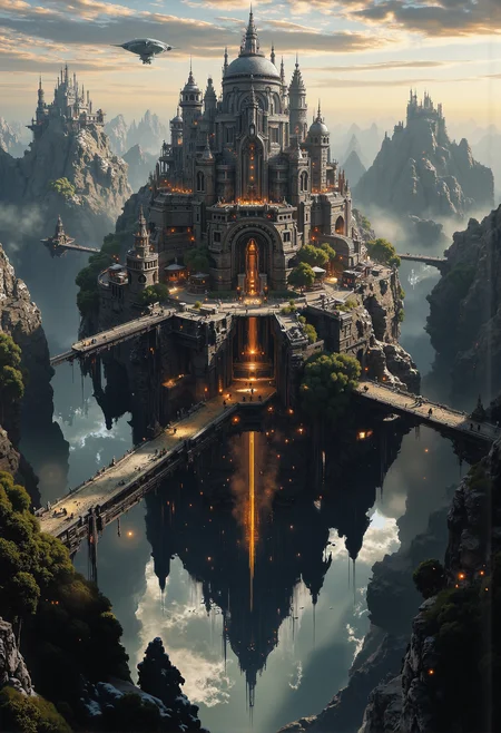 giant ancient castle standing on stilts on a small island in a mountain lake, giant, majestic, secret villain base. warm orange light inside, airplane runway, helicopter landing pad, rocket launch pad dark dusk-time, bright orange sun_ray falling on mansion wall, huge bridges, BREAK, BEST QUALITY, MASTERPIECE, HIGHLY_DETAILED, HIGH_RES, 4K, 8K, RAW, SHARP FOCUS, INTRICATE DETAILS, nttw style, midjourneyv6.1 aidmaHyperrealism aidmaDarkfantasy <lora:aidmaImageUpgrader-FLUX-V0.2.safetensors:0.66>, <lora:aidmaMJ6.1-FLUX-V0.1.safetensors:0.5>, <lora:artisketchyfs-v02.safetensors:0.75>, <lora:The_Dark_Side_Of_The_Future.safetensors:0.33>, <lora:NotTheRealWorld-v55-000010.safetensors:1.0>,