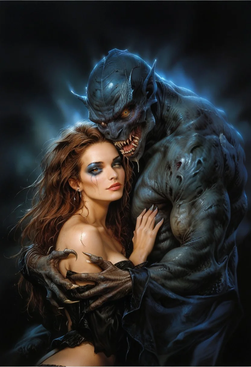 score_9, score_8_up, score_7_up, score_6_up, semi-realistic, (1girl), (1boy).
MonsterLove, male monster, Blue monster.
blondie girl with sexy makeup.
Hug.