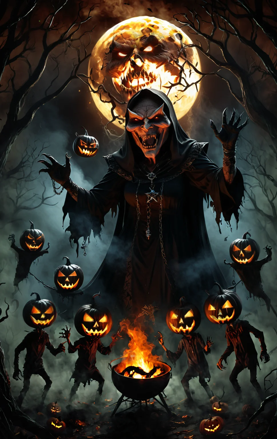 ,This digital illustration captures the essence of Halloween. In a dark and misty forest shrouded in mysterious fog, various eerie monsters gather. A werewolf, a vampire, a witch, and a zombie come together around a crackling campfire, its flames illuminating their creepy faces. The full moon hangs low in the sky, casting an eerie glow over the scene. The monsters laugh and celebrate, exchanging candies and reveling in the night of spookiness.,Digital illustration, Halloween monster, ,