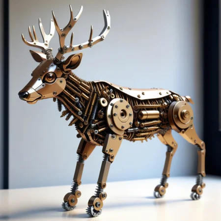 a deer made out of Screws, photorealistic, full of details, detailed screws, <lora:SteelScrewsStyle-000006:0.7>