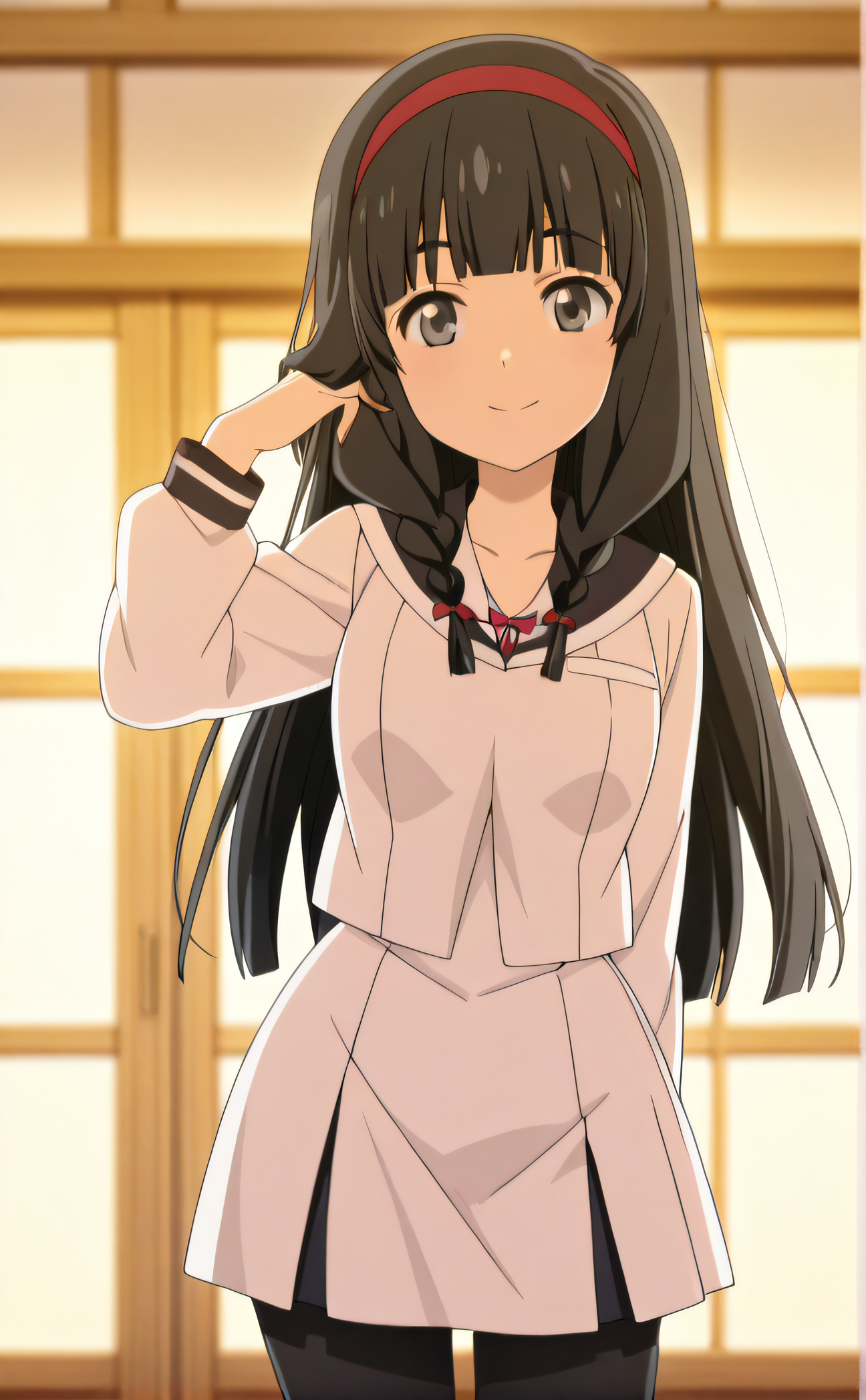 masterpiece, best quality, highres, newest, 1girl, solo, official style, anime screencap, <lora:Itsuki:1>, itsuki, black hair, grey eyes, red hairband, twin braids, white school uniform, black pantyhose, looking at viewer, smile, indoor, cowboy shot, hand on hair, five fingers