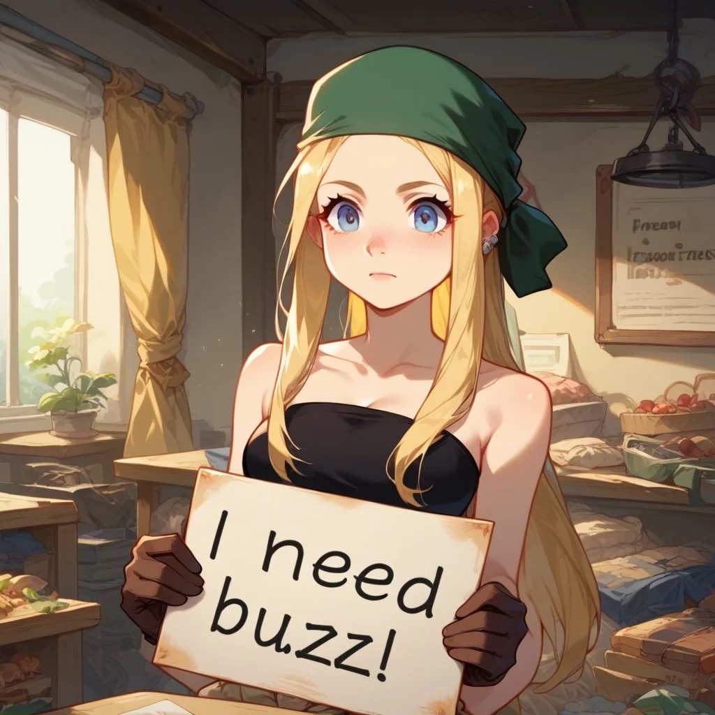 score_9, score_8_up, score_7_up, score_6_up, source_anime, (need_buzz), (((holding sign))), Lazyup, Expressiveh, indoors, workshop, (solo), winry rockbell, blonde hair, earrings, green bandana, black tube top, strapless, midriff, clothes around waist, beige pants, brown gloves, (holding sign saying "i need buzz"), sad, begging