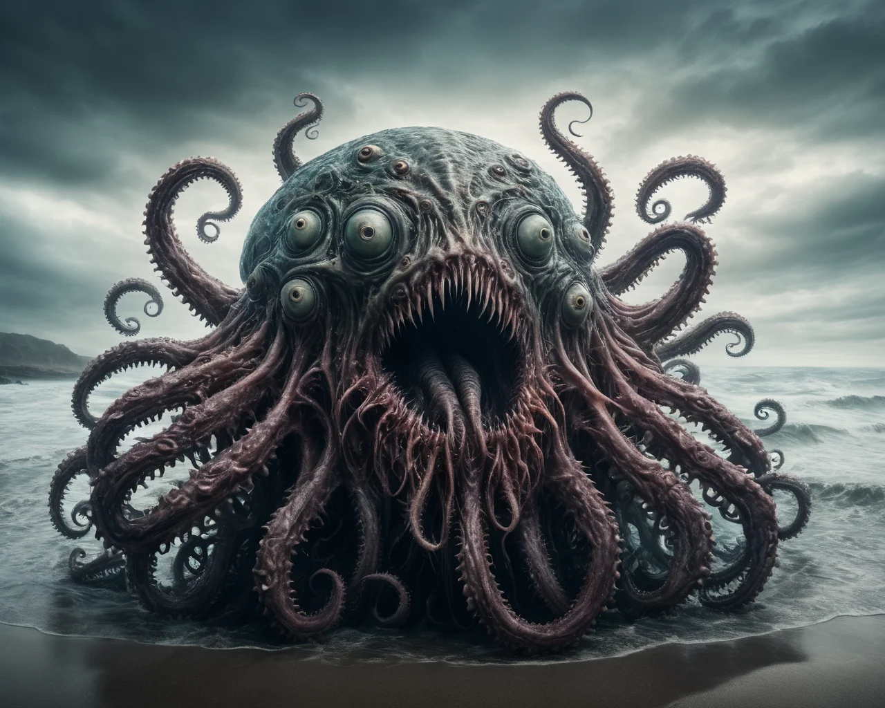 raw photo,cinematic shot,photorealistic,solo,a lovecraftian horror comprised of many eyes and mouths and tentacles rises from the depths of the ocean on a gloomy beach,eldritch abomination,fleshmutant<lora:FleshmutantXLV4:1.1>,