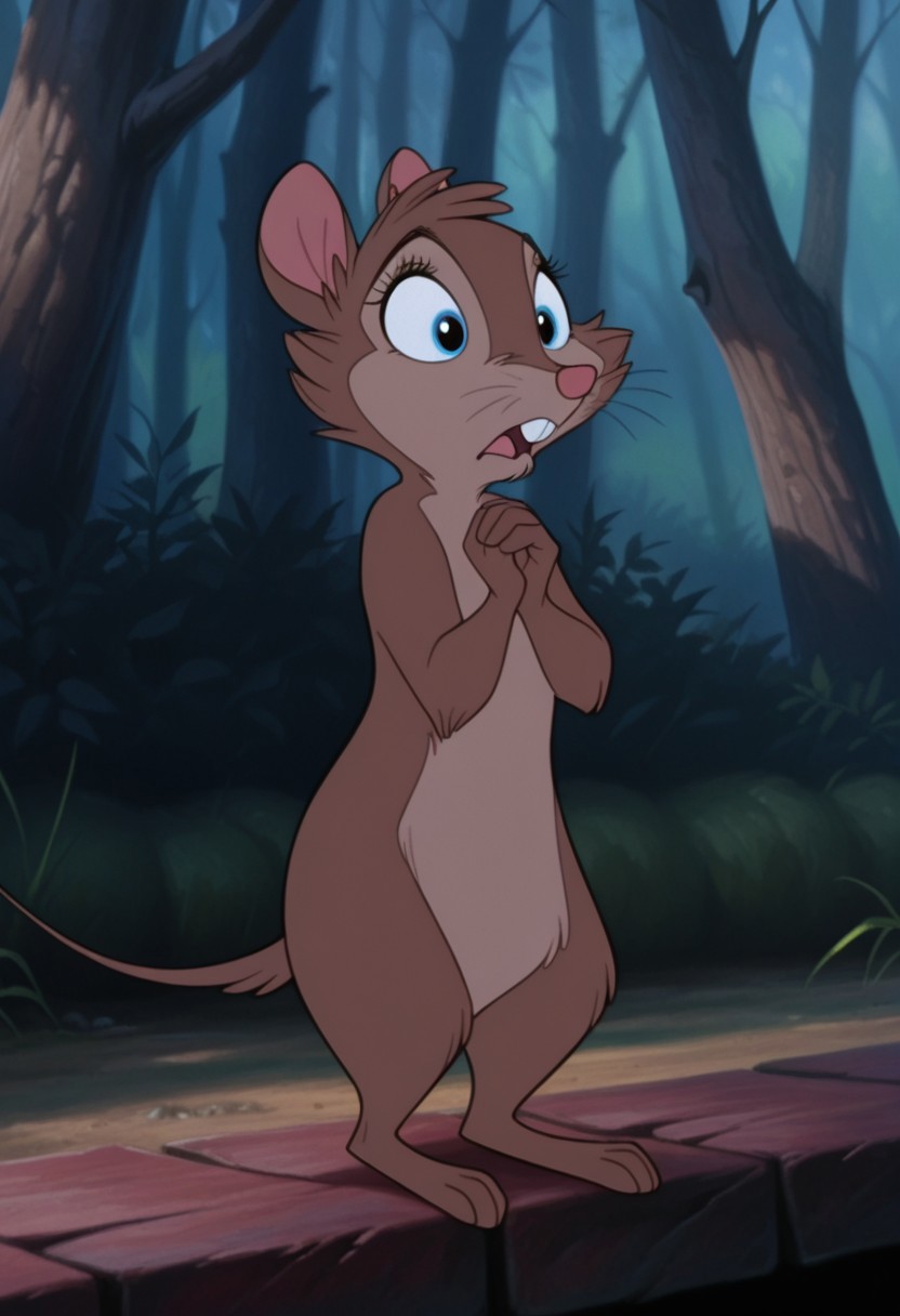 masterpiece, best quality, amazing quality, BrisbyNIMHIL, semi-anthro, female-mouse, brown fur, blue eyes, whiskers, buck teeth, outside, standing, own hands together