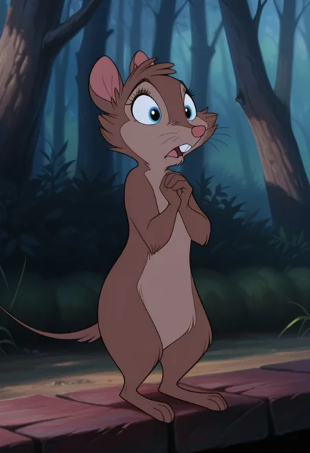 masterpiece, best quality, amazing quality, BrisbyNIMHIL, semi-anthro, female-mouse, brown fur, blue eyes, whiskers, buck teeth, outside, standing, own hands together