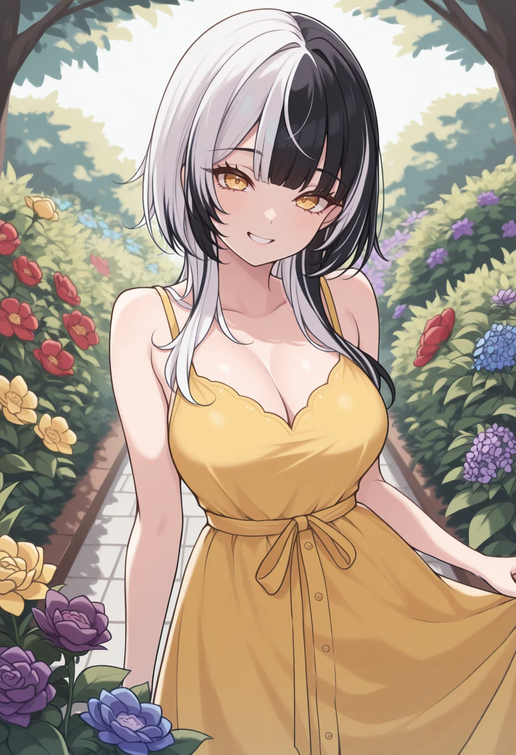 masterpiece, best quality, 1girl, solo, Shi0riN0vella, multicolored hair, white hair, black hair, yellow eyes, hair ornament, outdoors, garden, yellow sundress, yellow flower, red flower, blue flower, purple flower, looking at viewer, smile, <lora:ChamShioriNovellaIllustriousXL:1>