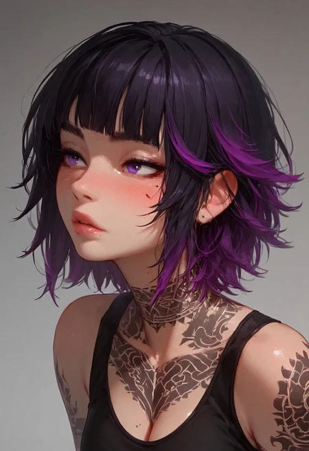 (score_9, score_8_up, score_7_up), <lora:wolf_cut:1.5>, a close-up shot focusing on a girl collarbone and up, (((portrait shot, face focus))), solo, 1girl, wolfCut, (bangs), (two-toned hair), black and purple hair, small perky breasts, cleavage, pretty face, blush, purple eyes, ((mole under left eye)), (modern tattoos),((tattoo on chest)),pale skin, makeup, sports bra, vivid colours, Expressiveh, (white background)