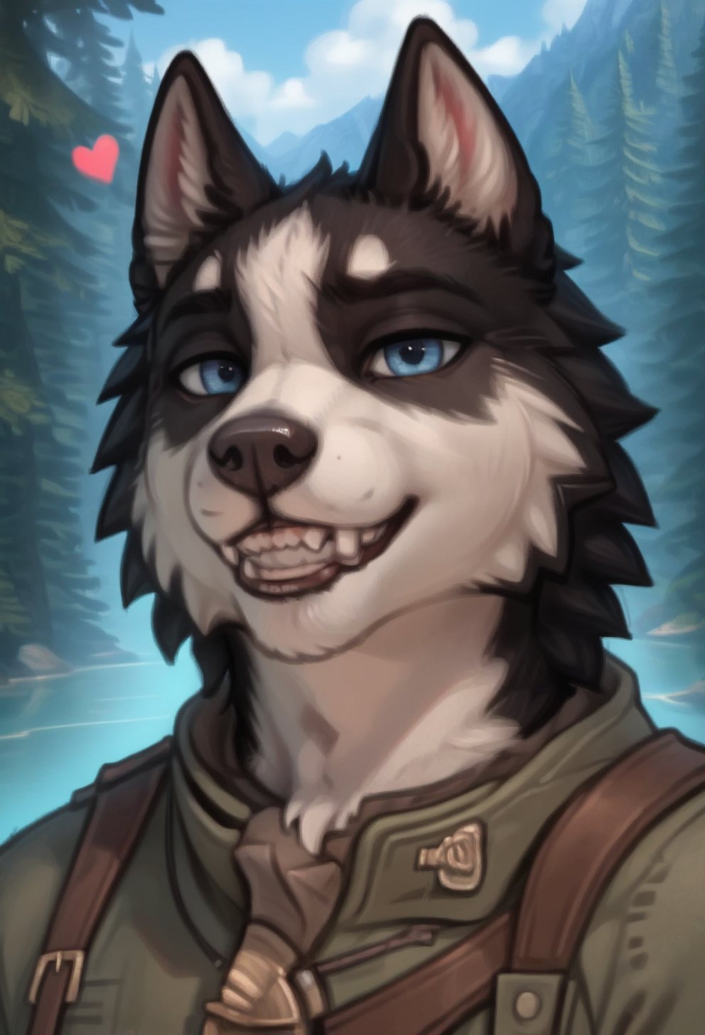 score_9, score_8_up, score_7_up, score_6_up, 1anthro, 1human, male, , furry, detailed fur, anthro, eyes, , perfect face, detailed eyes, perfect eyes, sexy, sexy boy, beautiful eyes, perfect face, large body, face focus, dynamic angle, body shot, full body,   looking at viewer,   face focus, outdoors,   detailed lighting, detailed background, upper body, portrait, eyes focus,
smug expression,  floating hearts, eye focus, smug, pleased, mischievous, smirk, seductive pose,  , flirty, flirting with viewer, forest, woods, wilderness, nature, mountain, detailed teeth,
detailed eyes, perfect eyes, beautiful eyes, , bedroom eyes, detailed eyes, perfect eyes, beautiful eyes, , detailed fur, tail, eyes, realistic fur, , solo, 1 boy, young, (((handsome, detailed face and eyes))), solo, anthro, male, muscular, well built,  two-toned fur, male focus, anthro dog, furry male, animal ears, realistic eyes, realistic fur,  1boy, bara, Loken, Loken_Soulcreek, black and white fur, blue eyes, dog, husky, anthro, bushy tail, clothing, clothed, Blackrunner Clothing, Blackrunner,  uniform, large male, large anthro, buff, <lora:Loken_-_Soulcreek:0.7>
tail, uncensored, canine mouth, sharp teeth, detailed teeth, detailed canine teeth,
<lora:CleanDetailed_Eyes:0.25> <lora:Better_caninefeline_mouth:0.2>
<lora:princess_xl_v1:1> <lora:Expressive_H:0.65> <lora:g0th1cPXL:0.45> <lora:incase-ilff-v3-4:0.3>