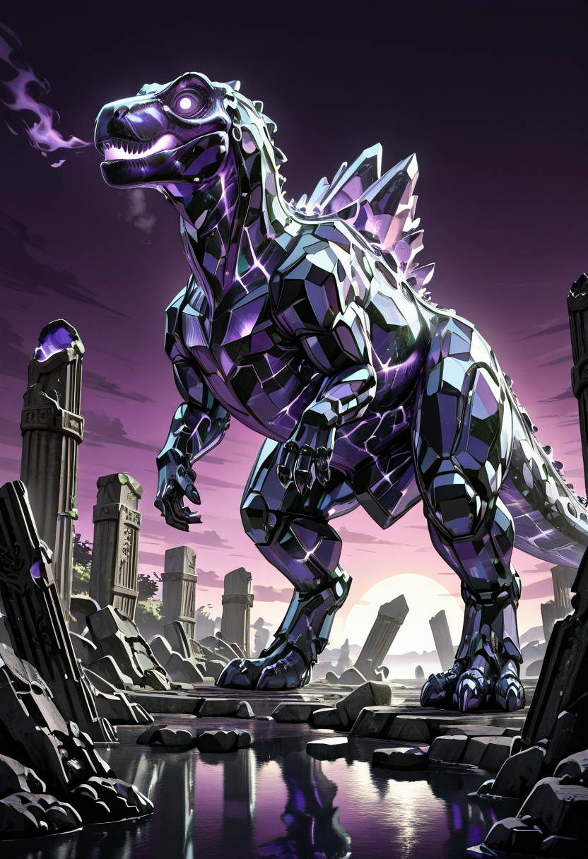 masterpiece, best quality, no humans,   ,<lora:CrystalKingDino_IXL:0.8>,  zzCrystalKing, violet crystal body, smooth reflective surface, glowing lines, glowing eyes, ancient floating ruins, stormy purple sky, stalking pose, dramatic angle, arcane lighting, mysterious atmosphere â Among ruins suspended in midair, the zzCrystalKing moves like a sentient monument. Its body, smooth and faceted in deep amethyst crystal, shimmers under a sky of swirling violet storms. Floating stone pillars crackle with energy as the creature passes, its glowing eyes scanning the skies for ancient threats. Light refracts in geometric patterns across its body, casting arcane glyphs across broken columns. The entire world holds its breath, unsure if the king has returned as a guardian or executioner.
