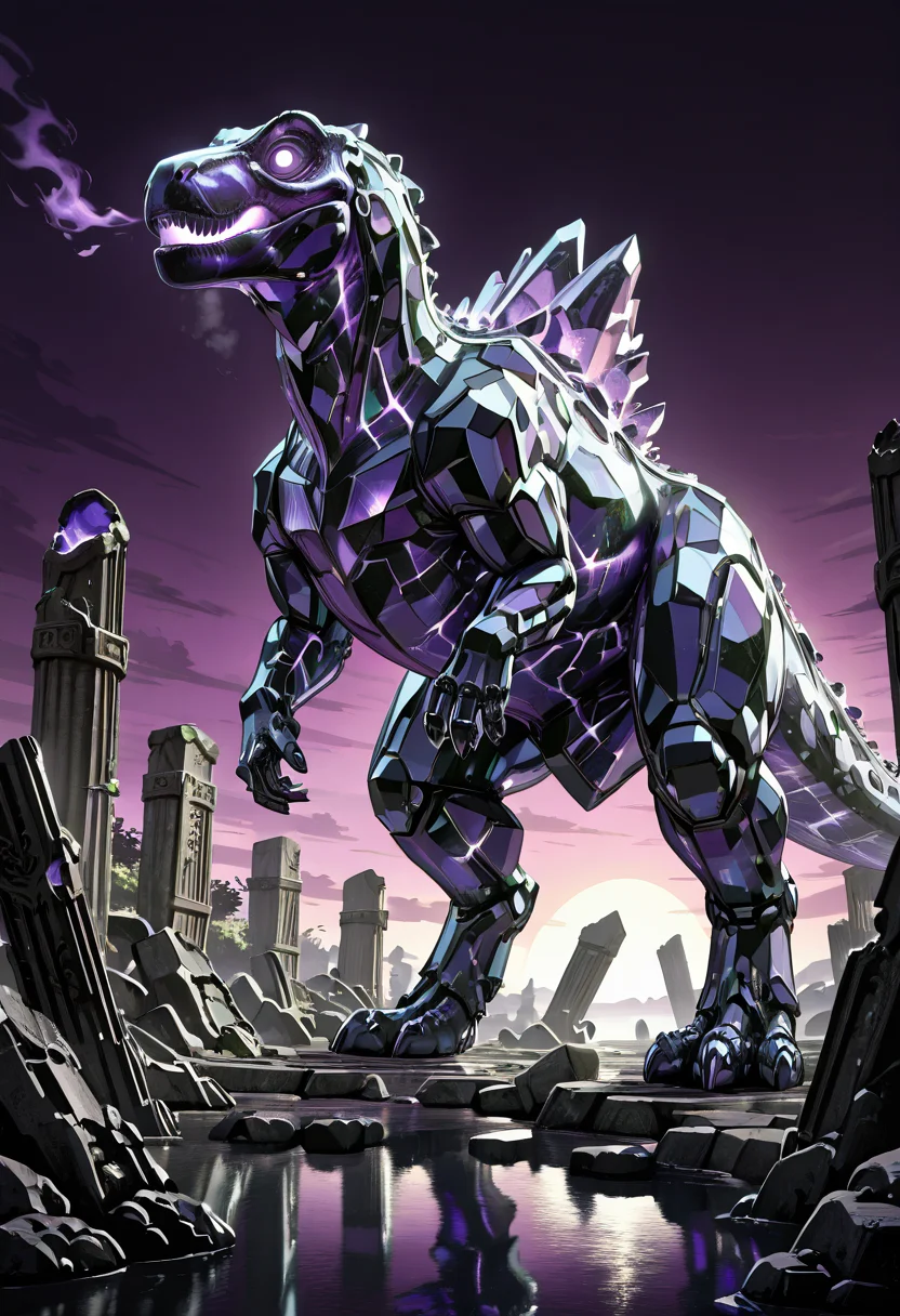 masterpiece, best quality, no humans,   ,<lora:CrystalKingDino_IXL:0.8>,  zzCrystalKing, violet crystal body, smooth reflective surface, glowing lines, glowing eyes, ancient floating ruins, stormy purple sky, stalking pose, dramatic angle, arcane lighting, mysterious atmosphere â Among ruins suspended in midair, the zzCrystalKing moves like a sentient monument. Its body, smooth and faceted in deep amethyst crystal, shimmers under a sky of swirling violet storms. Floating stone pillars crackle with energy as the creature passes, its glowing eyes scanning the skies for ancient threats. Light refracts in geometric patterns across its body, casting arcane glyphs across broken columns. The entire world holds its breath, unsure if the king has returned as a guardian or executioner.