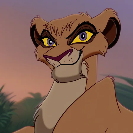 Furry, feral, female, lioness, Vitani, purple eyes, yellow sclera, looking at viewer, smiling, in the jungle,