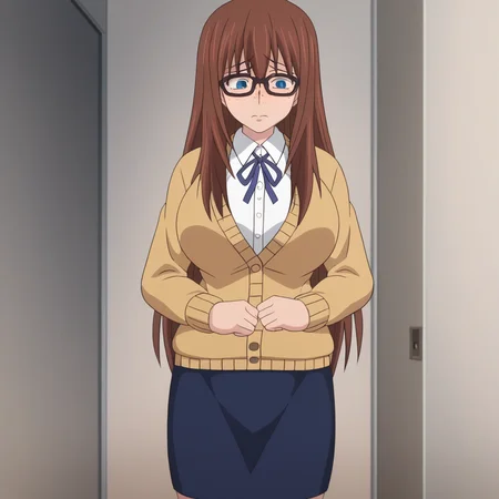 <lora:Rena Yukuhashi - Jimihen!! Jimiko wo Kaechau Jun Isei Kouyuu!!:1> 1girl, solo focus, RenaYukuhashi, glasses, black-framed eyewear, large breasts, long hair, freckles, school uniform, cardigan, white shirt, blue skirt, pencil skirt, embarrassed, fidgeting, hallway, against wall,