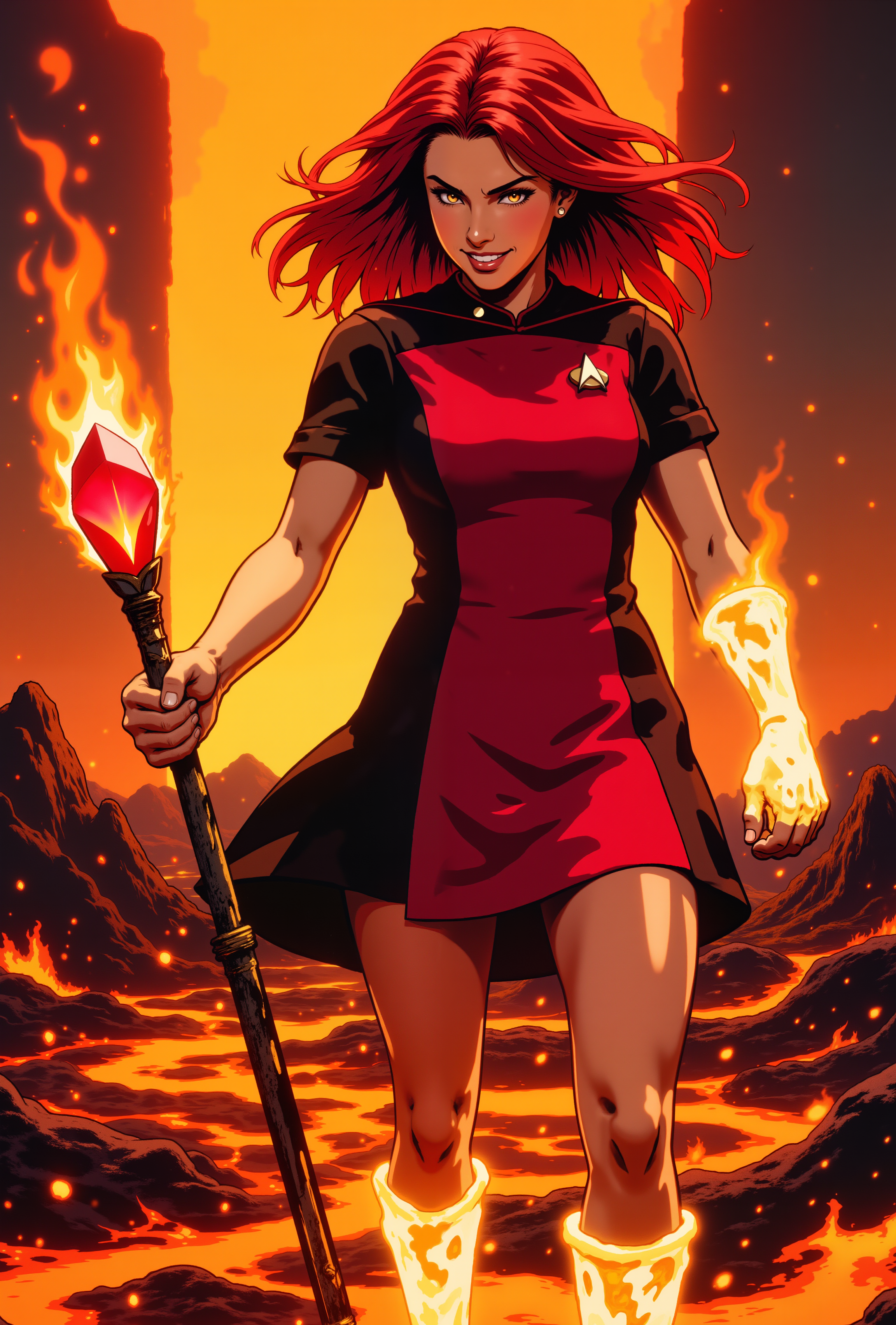ne0nfant4sy, A fierce, flame-wreathed sorceress wearing red STSKNT uniform dress with black shoulders and red line on shoulders and with short black sleeves, her fiery red hair billowing around her like a living blaze, clenches her glowing hands as molten fire swirls between her fingers. Her tanned skin glistens with sweat and embers, while her piercing golden eyes burn with the intensity of the inferno she commands. Behind her, a wall of fire rages, lighting up a volcanic wasteland with rivers of glowing lava and jagged obsidian peaks. Sparks and ash float in the air around her, dancing in the heat as she channels her magic. Her lips curl into a defiant smile, the power coursing through her veins making the very air crackle with energy. In her left hand, she grips a staff made of charred black wood, its tip crowned with a red-hot crystal that pulses in time with her heartbeat. The ground beneath her feet is scorched and cracked, but she stands tall, a master of destruction. Her expression is one of dangerous confidence, as if daring anyone to challenge the wrath of the flames.<lora:RetroAnimeFluxV1:0.5><lora:NeonFantasyFLUX:0.3><lora:ST_SKANTV2_FLUX>