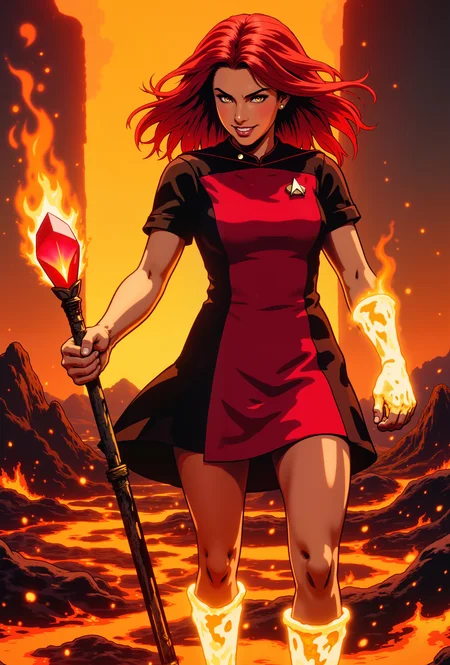 ne0nfant4sy, A fierce, flame-wreathed sorceress wearing red STSKNT uniform dress with black shoulders and red line on shoulders and with short black sleeves, her fiery red hair billowing around her like a living blaze, clenches her glowing hands as molten fire swirls between her fingers. Her tanned skin glistens with sweat and embers, while her piercing golden eyes burn with the intensity of the inferno she commands. Behind her, a wall of fire rages, lighting up a volcanic wasteland with rivers of glowing lava and jagged obsidian peaks. Sparks and ash float in the air around her, dancing in the heat as she channels her magic. Her lips curl into a defiant smile, the power coursing through her veins making the very air crackle with energy. In her left hand, she grips a staff made of charred black wood, its tip crowned with a red-hot crystal that pulses in time with her heartbeat. The ground beneath her feet is scorched and cracked, but she stands tall, a master of destruction. Her expression is one of dangerous confidence, as if daring anyone to challenge the wrath of the flames.<lora:RetroAnimeFluxV1:0.5><lora:NeonFantasyFLUX:0.3><lora:ST_SKANTV2_FLUX>