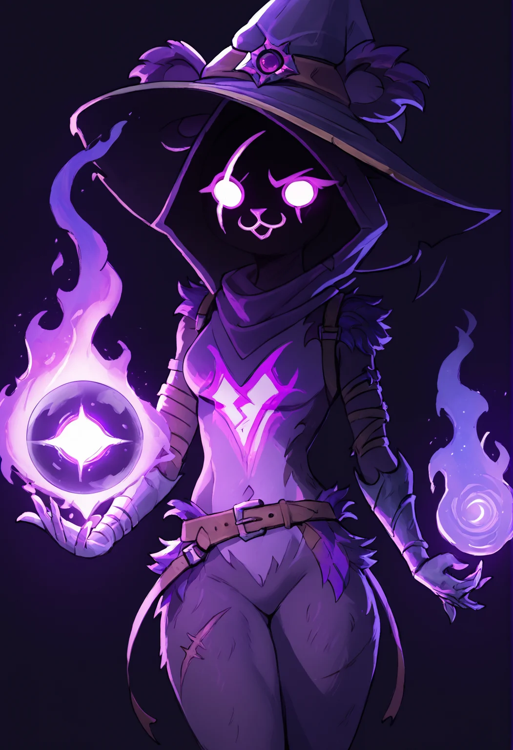 (score_9, score_8_up), score_7_up, zPDXL, SqueakyStyle, Raven Team Leader, 1girl, masterpiece, best quality, purple hood, faceless, shaded face, animal ears, dark skin, purple skin, scar on eye, (furry), (body fur:1.2), purple fur, belt, straps, :3, torso symbol, metal gloves, <lora:Raven_Team_Leader_XL_Pony_Edition:1>, cowboy shot, poses, magic, using magic, purple orb, orb, hood, (((witch hat))), purple hat, purple fire, purple background, dark background, fire, purple fire, looking at viewer, smile, <lora:Squeaky_Style_XL_Pony_SingleShot:1>