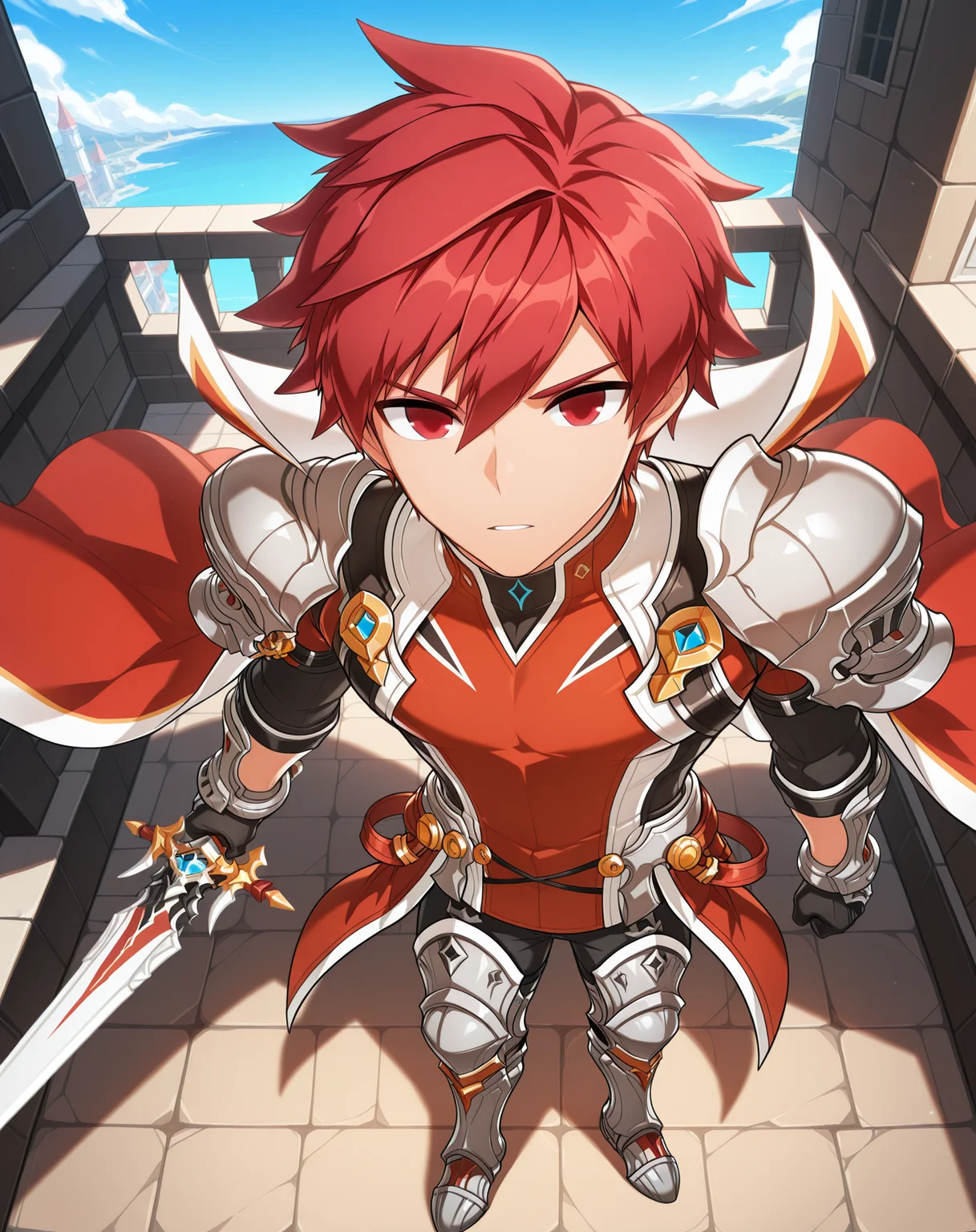 masterpiece, amazing quality, best quality, absurdres, very aesthetic,
1boy, solo, yaoi, male focus, full body, from above, standing, looking at viewer, face focus,
<lora:Elsword_Knight_Emperor_ilxl:1> elswordke, red hair, red eyes,
shoulder armor, red cape, black gloves, surcoat, pauldrons, pants, greaves, armored boots, knee boots,
holding weapon, holding sword,
outdoors, day, blue sky,