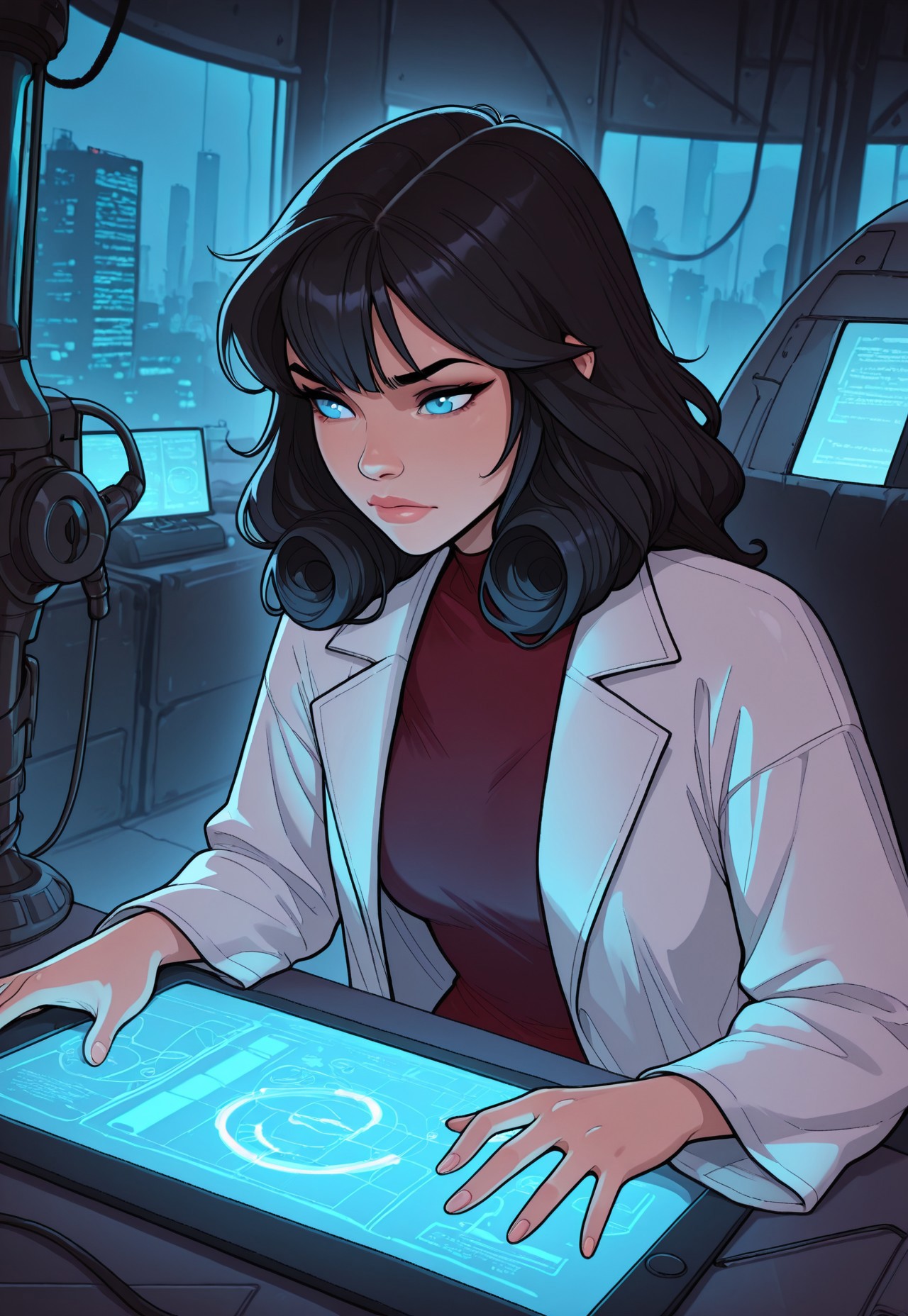 score_9, score_8_up, score_7_up, 1girl, solo, futuristic scientist, sleek lab coat with glowing neon accents and high-tech gadgets, advanced holographic tablet with a transparent screen and interactive controls, short curly black hair with cybernetic implants, realistic, cinematic angle, cinematic lighting, slender body, intelligent face, bright blue eyes, focused pose
BREAK
working in a high-tech laboratory
BREAK
source_sci-fi_art, rating_explicit, expressive, full body, dynamic pose
BREAK
detailed beautiful background, futuristic lab with advanced machinery and holographic interfaces, glowing neon lights and transparent screens, robotic assistants and floating drones, distant cityscape visible through large windows, innovative atmosphere with a sense of discovery and progress
<lora:Expressive_H:0.6>Expressiveh, (SimplepositiveXLv1:1.3), (upper body, full clothed:1.85) ((masterpiece)) (ultra realistic, 32k, masterpiece:1.2), (high detailed skin:1.1), (high quality:1.1) (((full clothed))) <lora:DandonFuga_Style_v.2_-_Pony:0.8> 
<lora:add-detail-xl:1> 
<lora:Dynamic Poses:1>