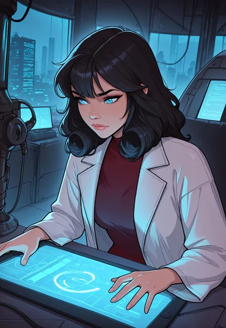 score_9, score_8_up, score_7_up, 1girl, solo, futuristic scientist, sleek lab coat with glowing neon accents and high-tech gadgets, advanced holographic tablet with a transparent screen and interactive controls, short curly black hair with cybernetic implants, realistic, cinematic angle, cinematic lighting, slender body, intelligent face, bright blue eyes, focused pose
BREAK
working in a high-tech laboratory
BREAK
source_sci-fi_art, rating_explicit, expressive, full body, dynamic pose
BREAK
detailed beautiful background, futuristic lab with advanced machinery and holographic interfaces, glowing neon lights and transparent screens, robotic assistants and floating drones, distant cityscape visible through large windows, innovative atmosphere with a sense of discovery and progress
<lora:Expressive_H:0.6>Expressiveh, (SimplepositiveXLv1:1.3), (upper body, full clothed:1.85) ((masterpiece)) (ultra realistic, 32k, masterpiece:1.2), (high detailed skin:1.1), (high quality:1.1) (((full clothed))) <lora:DandonFuga_Style_v.2_-_Pony:0.8> 
<lora:add-detail-xl:1> 
<lora:Dynamic Poses:1>