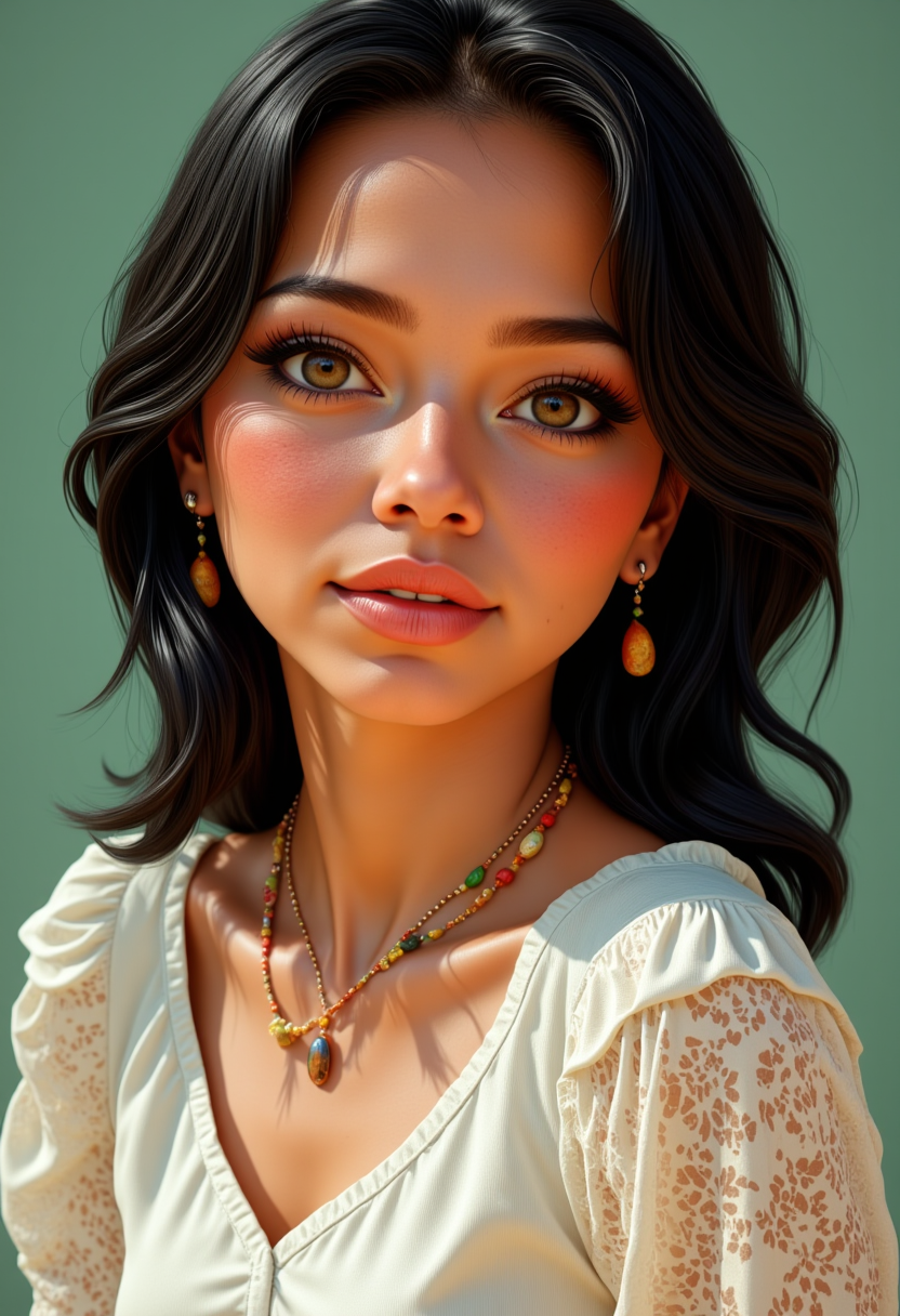 She is approximately 18 years old. Hyperrealism, she is looking at the camera, (dynamic angles), profile headshots of a beautiful, stunning unique female character.  she has dark hair. her eyes are filled with joy and excitement, extravagant eyelashes. a photo of Pocahont@s,image is rendered in a 3D style with a cartoonish appearance, she is wearing a white frilly shirt, and a necklace. The woman is posing confidently. simple sage green colored background. She has a slight smile on her face and is looking directly at the camera. making this image a masterpiece of photography and digital art. realistic. making this image a masterpiece of photography and digital art. Style: realistic hyper-detailed rendering, 32k UHD, expressive eyes, punk, graphic design, girl's face, pretty and cute, gleaming lips, telling a tale of adventure. Exuding confidence and serenity. The overall mood of the image is happy and relaxed,detailed skin texture,(blush:0.2),(goosebumps:0.3),subsurface scattering,whimsical,Detailed hand, Perfect hand. Perfection style.