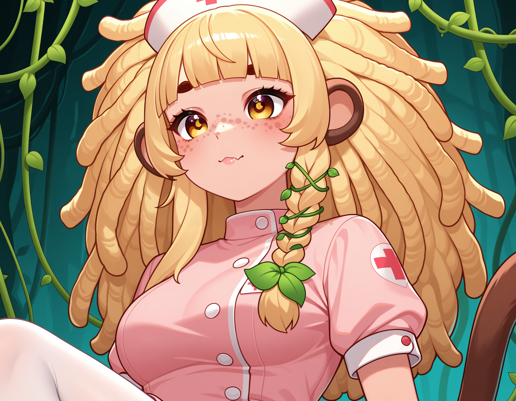 1girl, solo, <lora:BananaJuju_v2:0.8> bananajuju, long hair, dreadlocks, symbol in eye, side braid, blunt bangs, vines, freckles, monkey ears, monkey tail, skin fang, blunt bangs, blonde hair, medium breasts,
nurse, nurse outfit, pink dress, white pantyhose, pink shoes, nurse cap, (upper body shot), detailed face, located in a horrifying scene at a dilapidated foggy moor during stormy night with eerie calm weather, illuminated by moonlight casting shadows, creating a ominous,suspenseful atmosphere