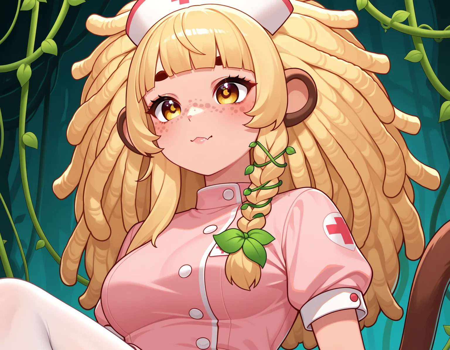 1girl, solo, <lora:BananaJuju_v2:0.8> bananajuju, long hair, dreadlocks, symbol in eye, side braid, blunt bangs, vines, freckles, monkey ears, monkey tail, skin fang, blunt bangs, blonde hair, medium breasts,
nurse, nurse outfit, pink dress, white pantyhose, pink shoes, nurse cap, (upper body shot), detailed face, located in a horrifying scene at a dilapidated foggy moor during stormy night with eerie calm weather, illuminated by moonlight casting shadows, creating a ominous,suspenseful atmosphere