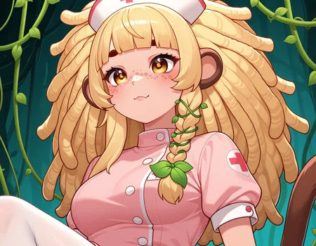 1girl, solo, <lora:BananaJuju_v2:0.8> bananajuju, long hair, dreadlocks, symbol in eye, side braid, blunt bangs, vines, freckles, monkey ears, monkey tail, skin fang, blunt bangs, blonde hair, medium breasts,
nurse, nurse outfit, pink dress, white pantyhose, pink shoes, nurse cap, (upper body shot), detailed face, located in a horrifying scene at a dilapidated foggy moor during stormy night with eerie calm weather, illuminated by moonlight casting shadows, creating a ominous,suspenseful atmosphere