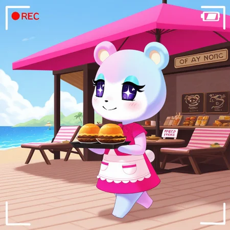 best quality, masterpiece, Full Body, Romantic, Small, Body, Furry, judyac, animal crossing, 1girl, solo, furry, bear, two-tone fur, light pink fur, light blue fur, white muzzle, purple eyes, star pupil, blush, blue eyeshadow, pink dress, beach, restaurants, serving food, carry tray, walking, outside lobby, board walk, beach chair, beach table, umbrella, recording, sign of buzz, sign said buzz sign writing say buzz, smile, holding a sign, sign said " free_buzz_food", writing buzz