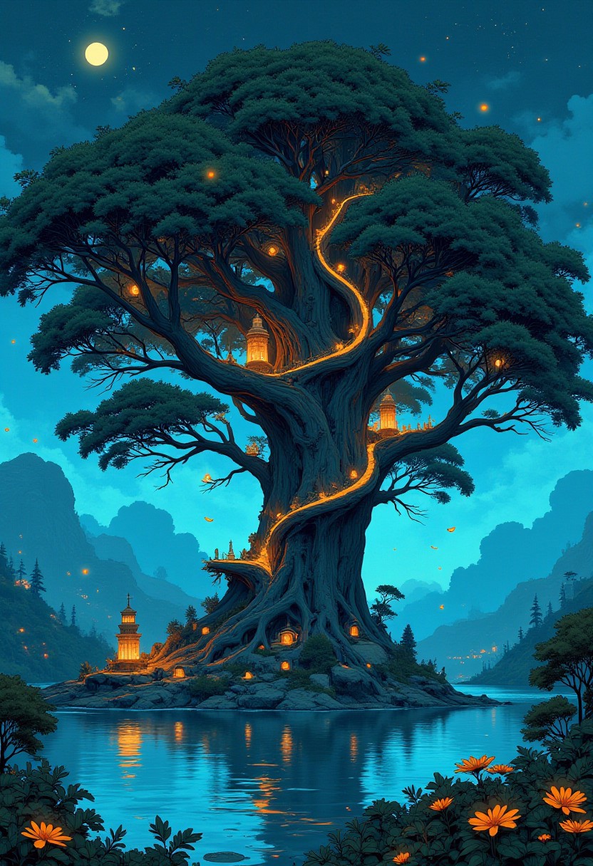 A Giant Tree Harboring an Entire Civilisation. A fantastical depiction of a colossal tree whose sprawling canopy houses an intricate city glowing with bioluminescent lights. The trunk is carved with spiraling pathways leading to hidden markets and lush gardens. Floating lanterns drift gently upward, their golden glow illuminating the ethereal blue mist surrounding the roots. The sky above is painted with an eternal twilight, dotted with luminous creatures that flit among the leaves. Themes of coexistence, nature’s grandeur, and magical ingenuity are explored.