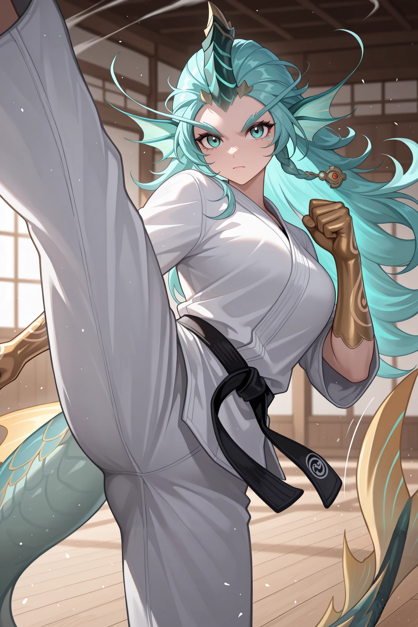 masterpiece, best quality, ultra-detailed, absurdres, newest, highly aesthetic, cinematic, traditional dojo lighting, strong atmosphere,  
1girl, solo, kaleamlbb, long hair, aqua hair, long eyebrows, aqua eyes, single horn, head fins, waist fins, golden hand skin, dark green scaly tail,
karate gi, black belt, toned stomach, high kick, powerful stance, motion lines, motion blur, wind effect, looking at viewer, focused expression,  
traditional wooden dojo, sunlight streaming through windows, dust particles in air, serious expression, cinematic depth of field, ultra sharp details  
