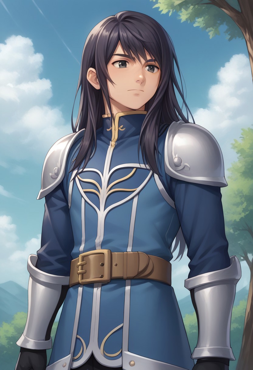 score_9, score_8_up, score_7_up, source_anime, highly detailed, 
lowell, 1boy, male focus, solo, black hair, long hair, black eyes, shirt, blue shirt, high collar, armor, shoulder armor, gloves, belt, brown belt,  
outdoor, sky, cloud, tree