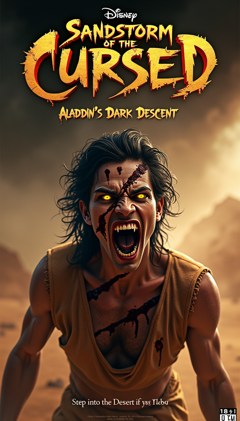 A photorealistic horror movie poster with the printed title: ["Sandstorm of the Cursed: Aladdin's Dark Descent"
In the foreground, a terrifying and altered version of Aladdin is shown, his eyes glowing an unnatural yellow and his teeth sharpened into fangs. His skin is covered in sand and grit, with deep cuts and gashes revealing patches of bloody flesh. His once-pristine prince's clothing is now tattered and dirty, stained with blood and dust.
The background displays a swirling sandstorm, blotting out the sky with an otherworldly darkness. The desert landscape is warped and twisted, filled with supernatural beings and sinister shadows.
In large, jagged letters, the new title "Sandstorm of the Cursed" is written, with the subtitle "Aladdin's Dark Descent" inscribed beneath it. The text looks like it is being consumed by the sandstorm, making it seem ominous and menacing.
Below the title, in a smaller font, the tagline "Step into the Desert if You Dare" appears and the MPAA rating of "R" is prominently displayed to make it clear that the movie is intended for mature audiences.
Even with the familiar protagonist, the overall effect of the poster is horror-stricken, filled with dread, and malevolent - an 18+ reimagining of the original movie that goes beyond the traditional.**