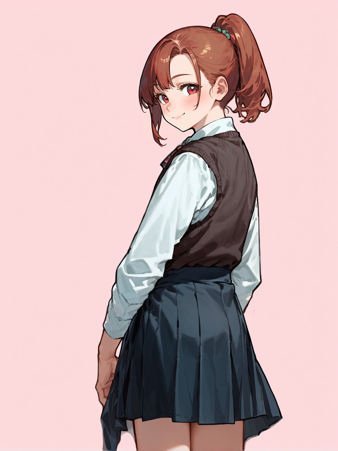 score_8_up, score_7_up, score_6_up, source_anime, 1girl, solo, simple background, pink background,
standing, pose, contrapposto, arched back, cowboy shot, from behind
smile, 
 <lora:schooluniform:1>
white shirt, brown sweater vest, sweater around waist, long sleeves, bowtie, pleated skirt