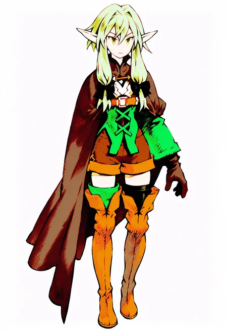best quality, amazing quality, very aesthetic, absurdres, yoshida akihiko, BREAK
1girl, high elf archer \(goblin slayer!\), goblin slayer!, point ears, elf, green hair, green eyes, long hair, bow, hair bow, sidelocks, thighhighs, shorts, hair between eyes,
looking at viewer, full body, solo, standing, shaded, shadowed, (simple background, white background:1.3), <lora:AkihikoYoshidaNoobLocon_byKonan:1>