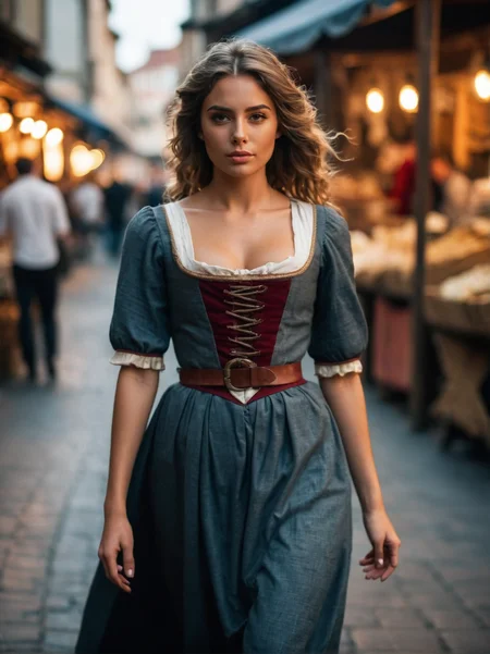 A dynamic cinematic photograph of Brett_Bowles_P_MXAI_SDXL wearing a medieval peasant dress, walking through a medieval city market, SK_CINEMATIC, ziprealism