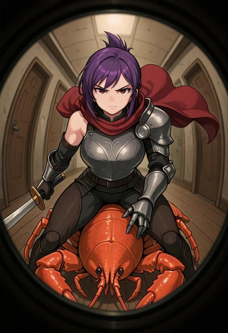 best quality, masterpiece, sfw,
n0m0, pov peephole, riding lobster, fisheye,
close-up shot, view from aside,
solo, holding sword, dynamic fighting pose,
1girl,
sabia, human, purple hair, red eyes, folded ponytail,
armor, single shoulder armor, cape, single bare shoulder, clothed,
large breasts,
looking at viewer, closed mouth,