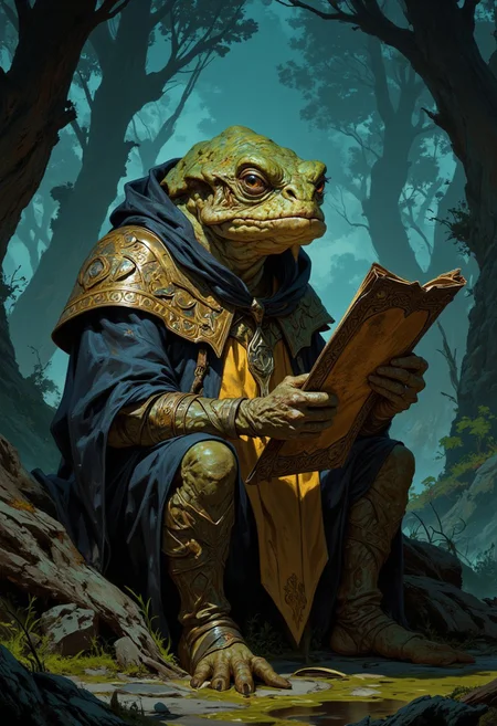 boris vallejo style, frank frazetta style, 8k high quality digital painting, masterpiece, very detailed, ultra realistic, (best quality) very detailed epic masterpiece, detailed face, full body, wrinkly wizard toad reading an ancient scroll in a swamp, best quality, epic scene, Dungeons and dragons atmosphere, heroic fantasy, realistic, realism, full body