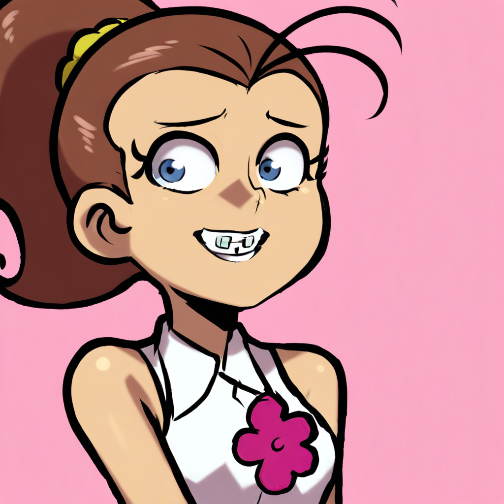 LuanLoudJcm2, 1girl, light skin, light skinned female, brown hair, curly ponytail, yellow scrunchie, white shirt, sleeveless collared shirt, pink flower on shirt, bucktooth with braces, blue eyes, black eyebrows, standing