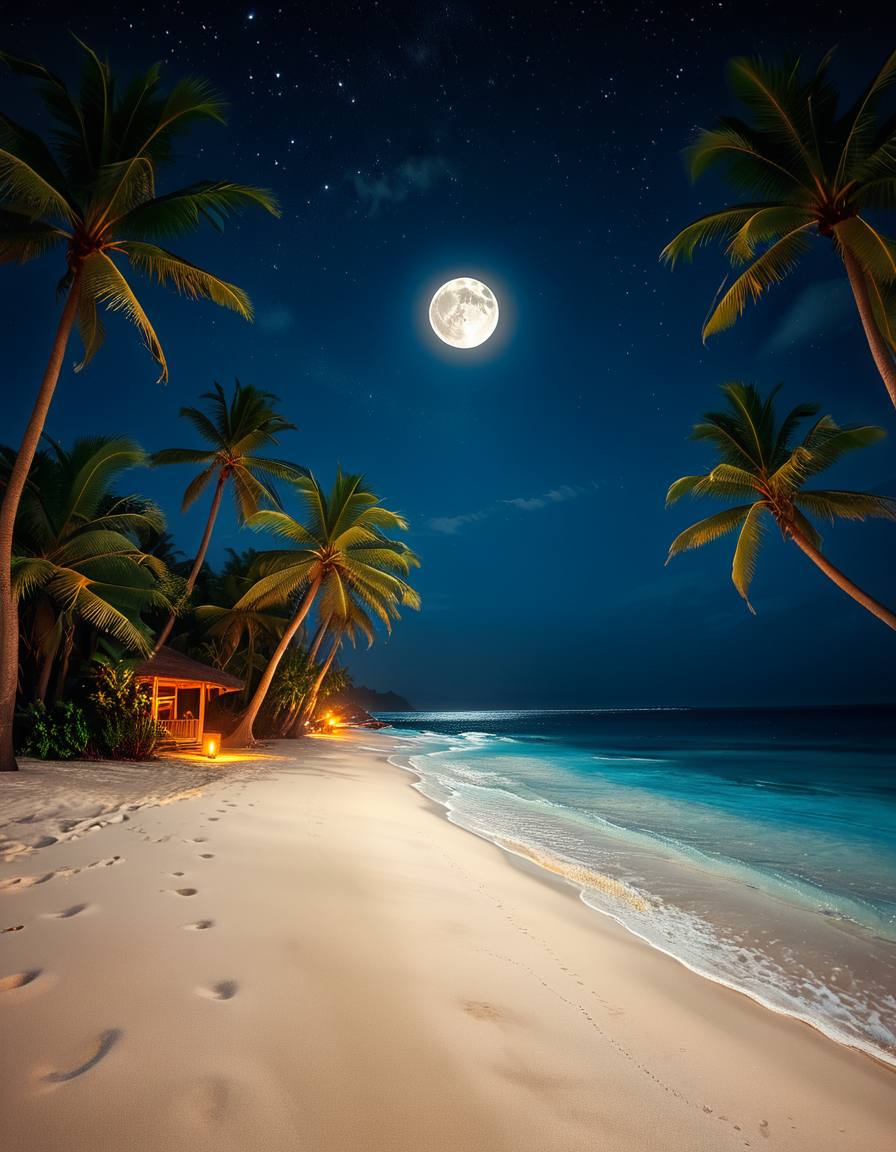 A breathtaking tropical beach at night, illuminated by the soft glow of the moon and twinkling stars. The ocean waves gently lap against the shore, reflecting silver moonlight. Tall palm trees sway slightly in the warm night breeze, their silhouettes contrasting against the deep blue sky. The sand appears smooth and slightly damp, glowing under the moonlight. In the background, distant islands are faintly visible on the horizon, their outlines softened by a light mist. The sky is filled with a mesmerizing display of stars, with the Milky Way faintly visible. The atmosphere is tranquil and serene, evoking a sense of peace and wonder. The image has a high level of detail, realistic textures, and a dreamy cinematic quality.
<lora:SDXLFaeTastic2400:0.4> <lora:extremely_detailed:0.4> extremely detailed,  <lora:tropical_beach_4t_n1ght:1>,tropical beach 4t n1ght, Masterpiece,best quality,hi res,8k,hi res,8k,award winning,(sharp focus, intricate, highly detailed),