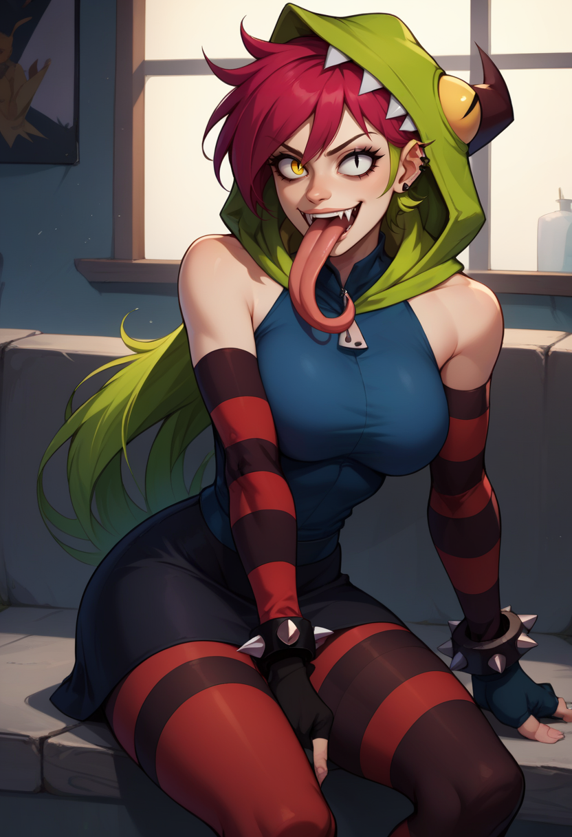 score_9, score_8_up, score_7_up, BREAK,  <lora:demenciaXL:1> demenciaXL, 1girl, solo, long hair, breasts, looking at viewer, black skirt, large breasts, gloves, bare shoulders, jewelry, yellow eye, black eye, pantyhose, red hair, green hair, hood, heterochromia, fingerless gloves, bracelet, two-tone hair, hoodie, piercing, spikes, spiked bracelet,thighhighs, tongue out, fangs, sitting,long tongue