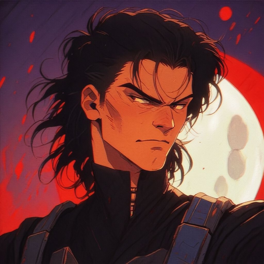 score_9, score_8_up, score_7_up, score_6_up, score_5_up, score_4_up, Madara Uchiha holding gunbai and sitting on stone casually looking arrogant evil smirk under red moon, 1 boy, male focus, solo, uchiha madara, full moon, knva, halftone effect, retro artstyle, an14, zPDXL