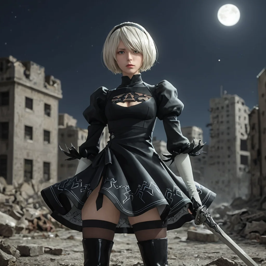 score_9,score_8_up,score_7_up, orgasm face,eyes,shiny oild skin,looking at viewer,sweat,
yorha 2-gou b-gata, short hair, black dress, puffy sleeves, clothing cutout, long sleeves, juliet sleeves, sword, holding weapon, thighhighs,
city ruin, rubble, night, moon,
<lora:2B:0.75>