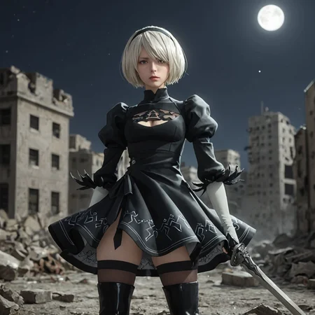 score_9,score_8_up,score_7_up, orgasm face,eyes,shiny oild skin,looking at viewer,sweat,
 yorha 2-gou b-gata, short hair, black dress, puffy sleeves, clothing cutout, long sleeves, juliet sleeves, sword, holding weapon, thighhighs,
city ruin, rubble, night, moon, 
 <lora:2B:0.75>