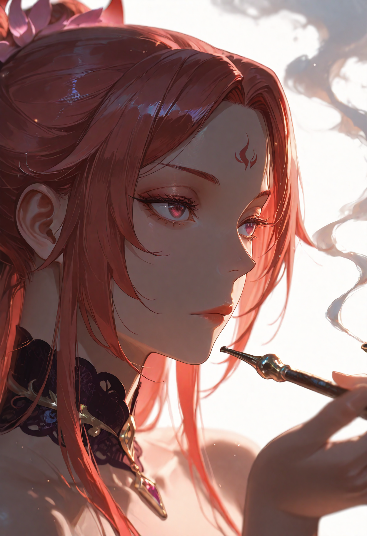 1girl, Yan Ji, red hair, default hair, border,expressionless,flower,hand up,holding,holding smoking pipe, lace collar,portrait,smoke,smoking,smoking pipe,solo, white background,
(Smooth Quality - Illustrious:0.8), masterpiece,best quality,amazing quality, absurdres, (impressionism), ultra-HD, 8k, fit body, highest quality, volumetric lighting, (cinematic composition:1.3), (sharp focus:1.2), (depth of field:1.2), (adult), wide eyes, (mature female:1.2), very aesthetic, smooth image, action lines, motion lines, motion blur, (detailed face and eyes:1.3),
<lora:illustrious_quality_modifiers_masterpieces_v1:0.6>  <lora:ponyv4_noob1_2_adamW:0.4> <lora:FINALE:0.4>  <lora:I_Am_The_Fated_Villain:0.6> <lora:g0thicILL:0.4> <lora:USNR STYLE_XL_loha:0.3>