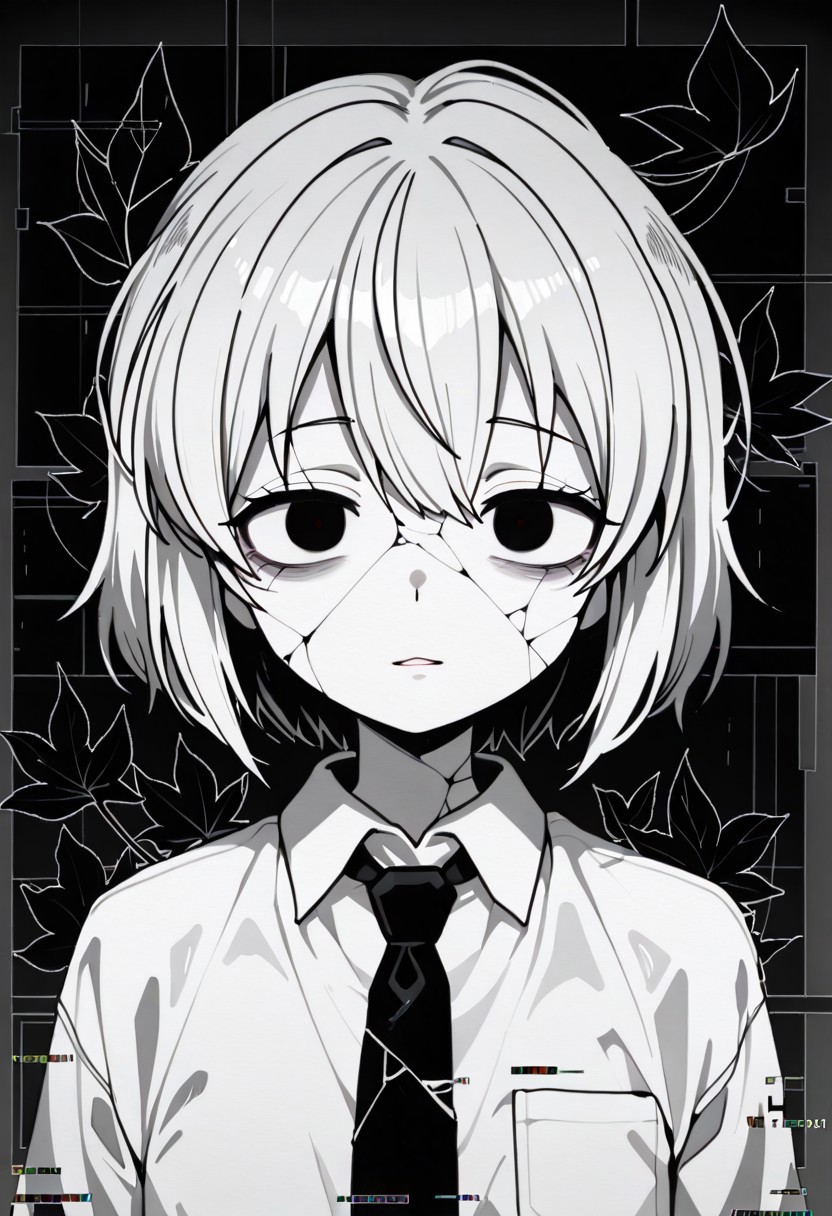 lazypos, character focused, anime girl, broken reality, glitch distortion, cracked screen, short hair, dark eyes, haunted expression, black leaves, monochrome style, ink outlines, white shirt, black tie, eerie atmosphere, digital noise, corrupted view, surreal composition, void background, horror aesthetic, glitch core, unsettling gaze, lkstyle