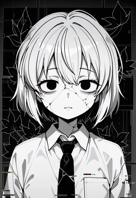 lazypos, character focused, anime girl, broken reality, glitch distortion, cracked screen, short hair, dark eyes, haunted expression, black leaves, monochrome style, ink outlines, white shirt, black tie, eerie atmosphere, digital noise, corrupted view, surreal composition, void background, horror aesthetic, glitch core, unsettling gaze, lkstyle