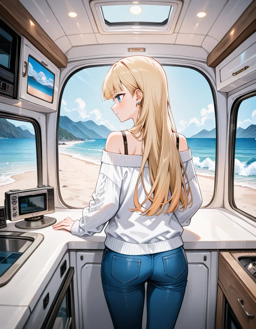 score_9, score_8_up, score_7_up, anime, solo, 1girl, one girl,
long hair, tucked behind ear, blunt bangs, blonde Hair, blue eyes, feature large highlight, model,
Princess, oversize white sweater, off shoulder, blue jeans,
general,
<lora:motorhome:0.8>, motorhome,
window, scenery, ceiling, view from back door, Inside the camper, beach,
(masterpiece:1.3), best quality, high resolution, unity 8k wallpaper, (illustration:1.2), 8K,