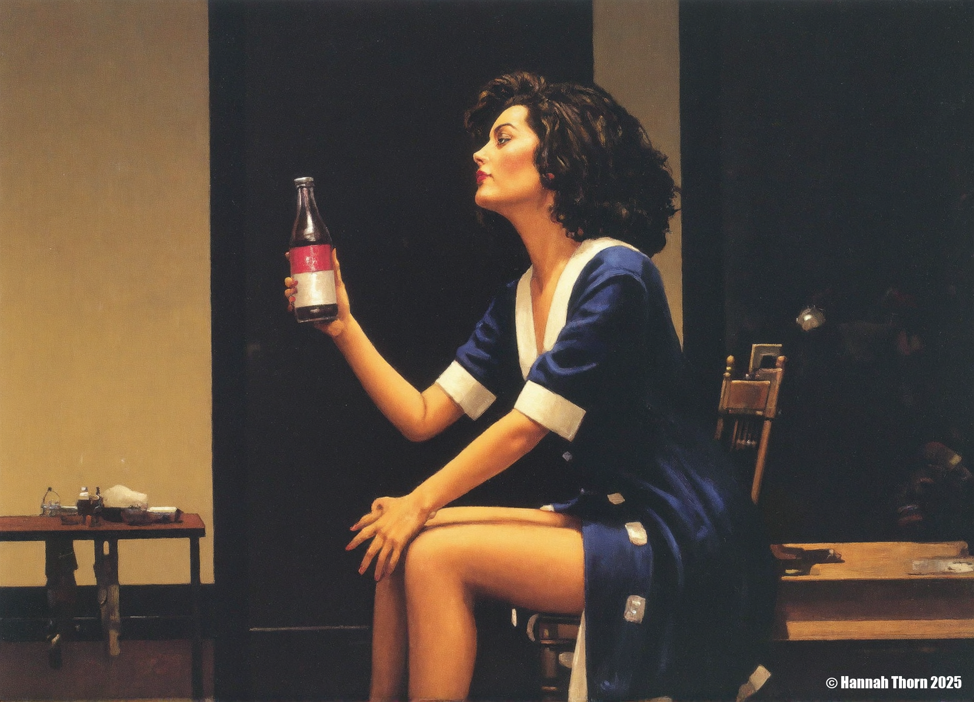 A Painting in the style of Jack Vettriano of a young woman with curly black hair, wearing a dark blue dress with white trim, sitting on a chair in a dimly lit room. She is holding a red and white soda bottle in her right hand, and her left hand is resting on her thigh. The room has a simple, minimalist design with a door on the left side and a small table with a few items on it. The lighting is soft and warm, creating a cozy atmosphere.<lora:_Flux\Jack_Vettriano V2.safetensors:1.1:1.1>